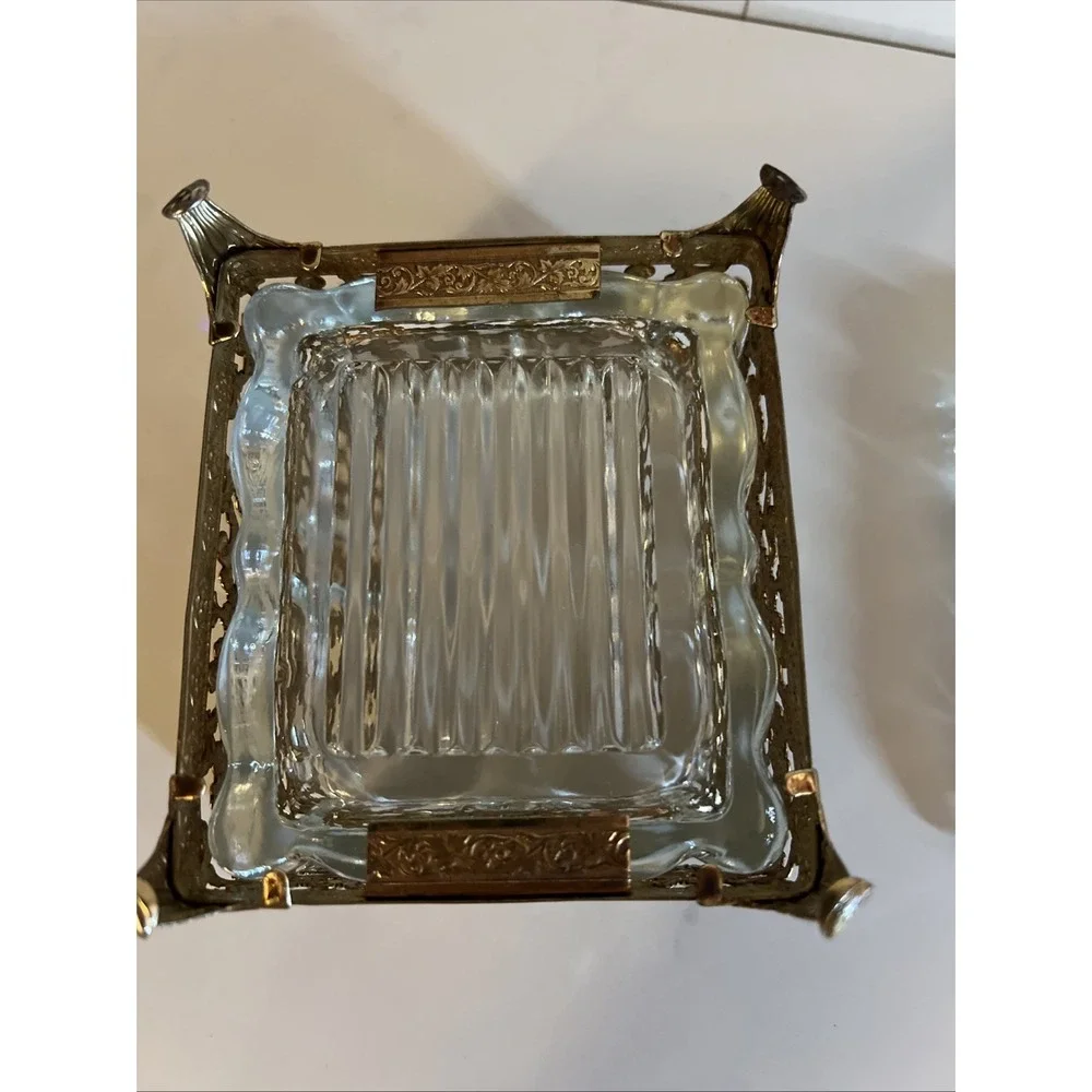 Victorian Style Brass Vanity Trinket Pressed Glass Footed Jewelry Lidded Box